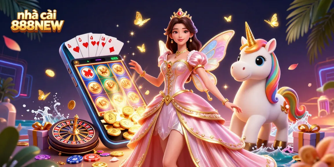 Experience the thrill of nhà cái 888NEW with glamorous scenes of gaming magic, featuring festive slot games and vibrant action.