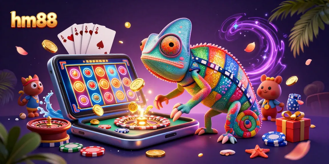 Spin and win with hm88's gaming excitement, featuring a lively casino scene with chameleon owner and interactive slot games.
