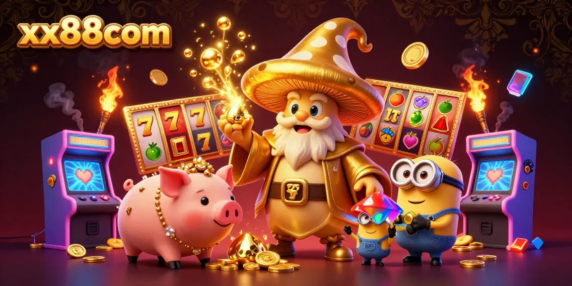 Win big with exciting features at xx88com in this vibrant casino scene full of treasures and gaming elements.