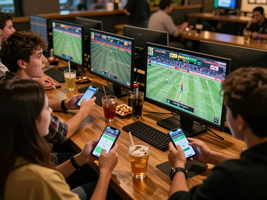 Excited friends engaged in sports betting using the OPEN88 app at a lively sports bar