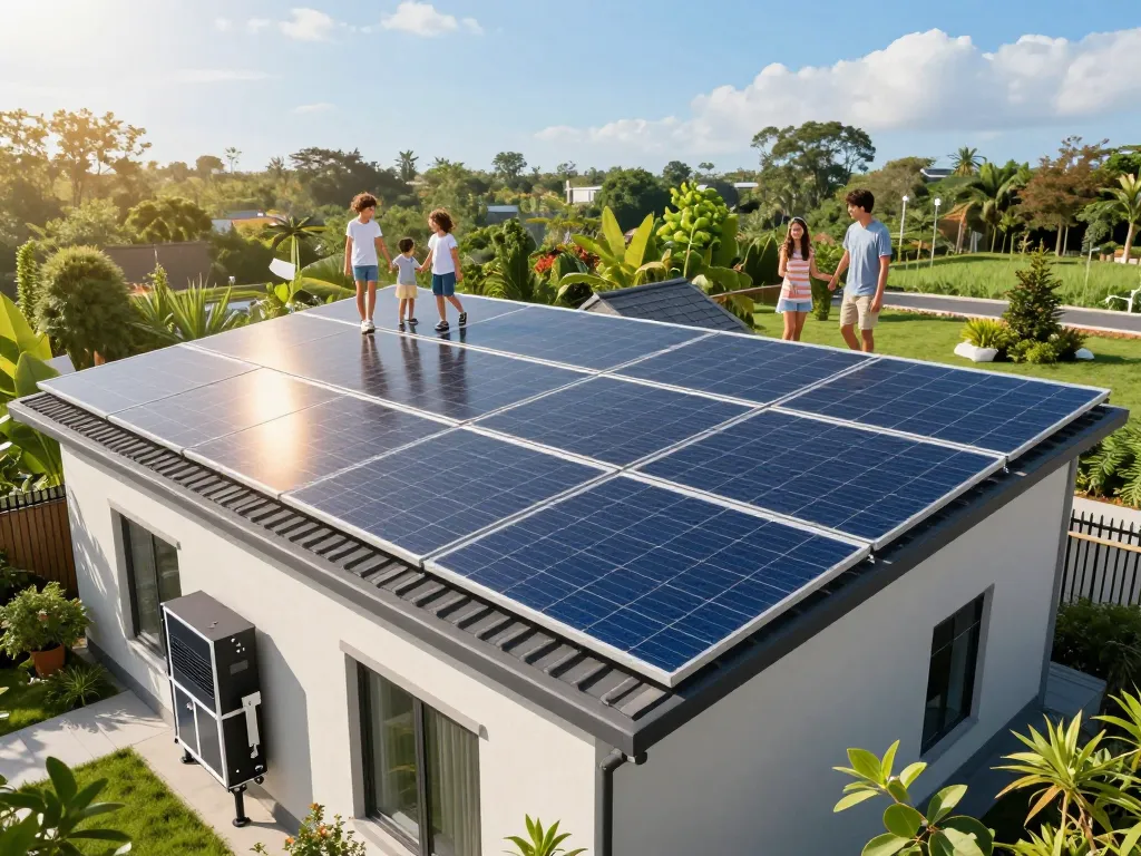 Residential solar panels highlighting odporność PID paneli fotowoltaicznych with family enjoying the outdoors