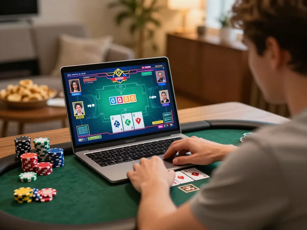 Engaging online poker strategy gameplay at home with 88CLUB interface on screen, showcasing responsible gambling.