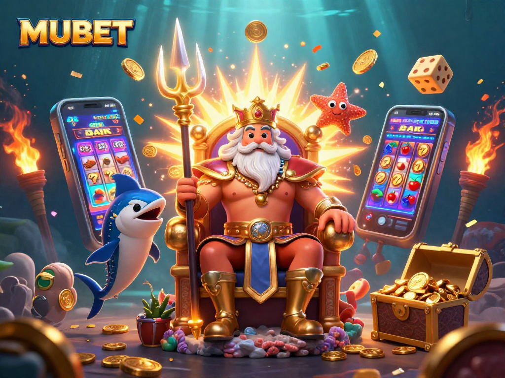 MUBET's vibrant underwater casino scene with King Neptune and slot machines engaging players.