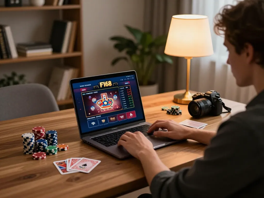 Player enjoying F168 online casino game at stylish home setup with laptop, poker chips, and cards.