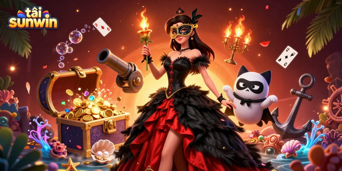 Engage in gameplay with tải sunwin, featuring a dramatic scene of a masked woman and treasure elements.