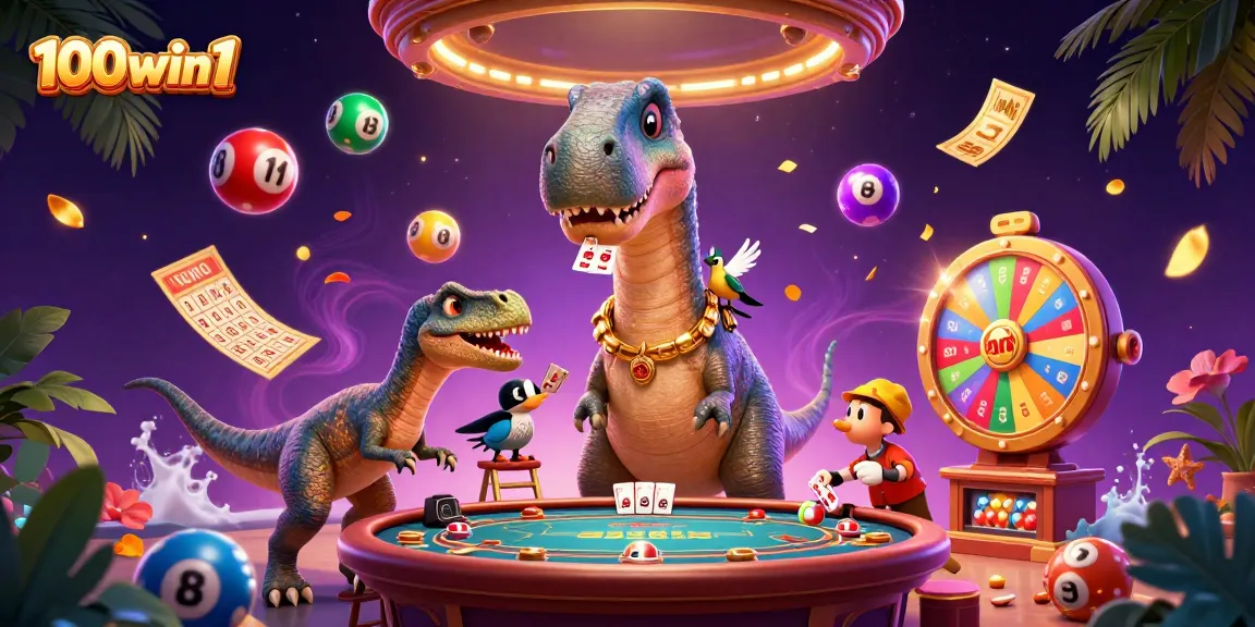 Experience the excitement of 100win1 with a lively casino scene featuring a giant brontosaurus.