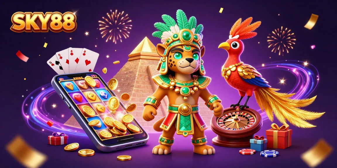 SKY88 illustrates vibrant casino excitement with a Mayan jaguar priest and golden game elements.
