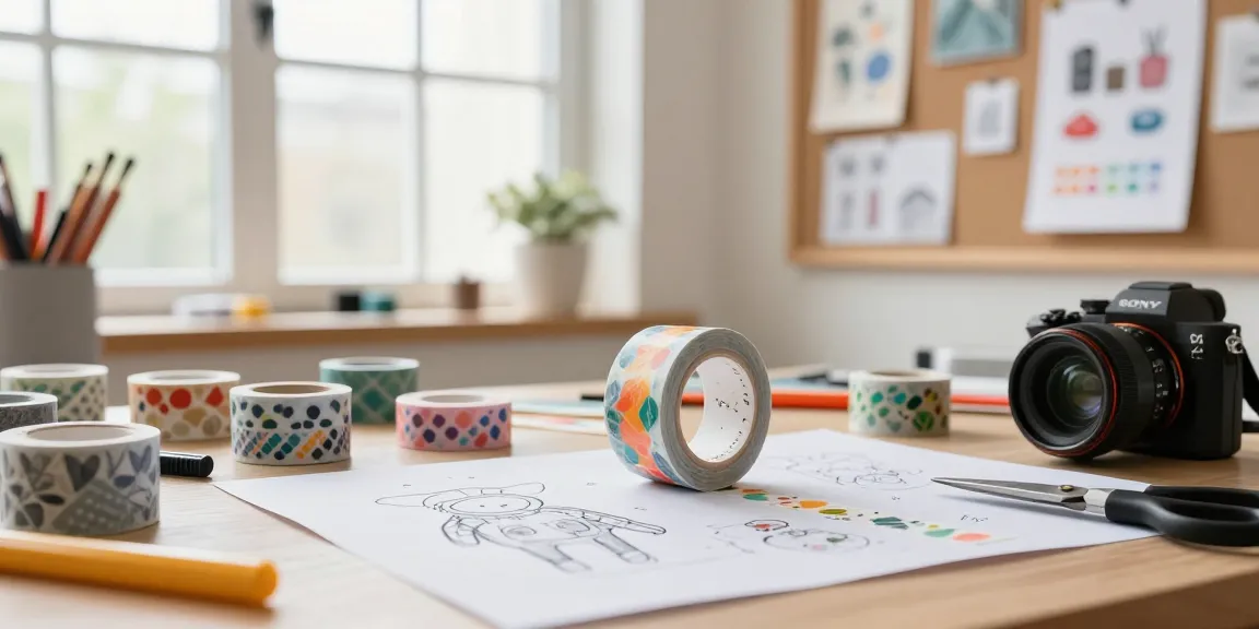 Vibrant custom washi tape rolls in a designer's workspace, highlighting creativity and crafting.
