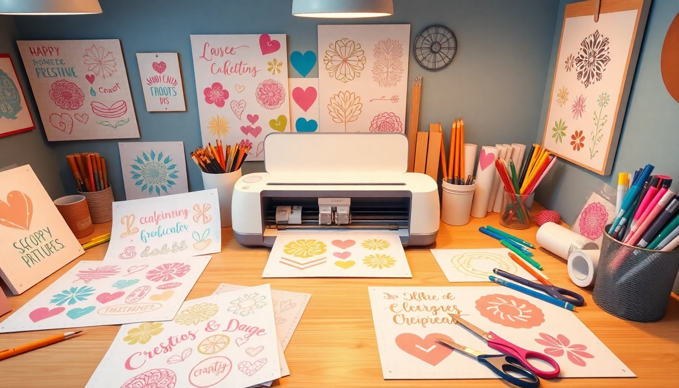 Cricut SVG designs in a vibrant crafting workspace featuring a Cricut machine and colorful materials.
