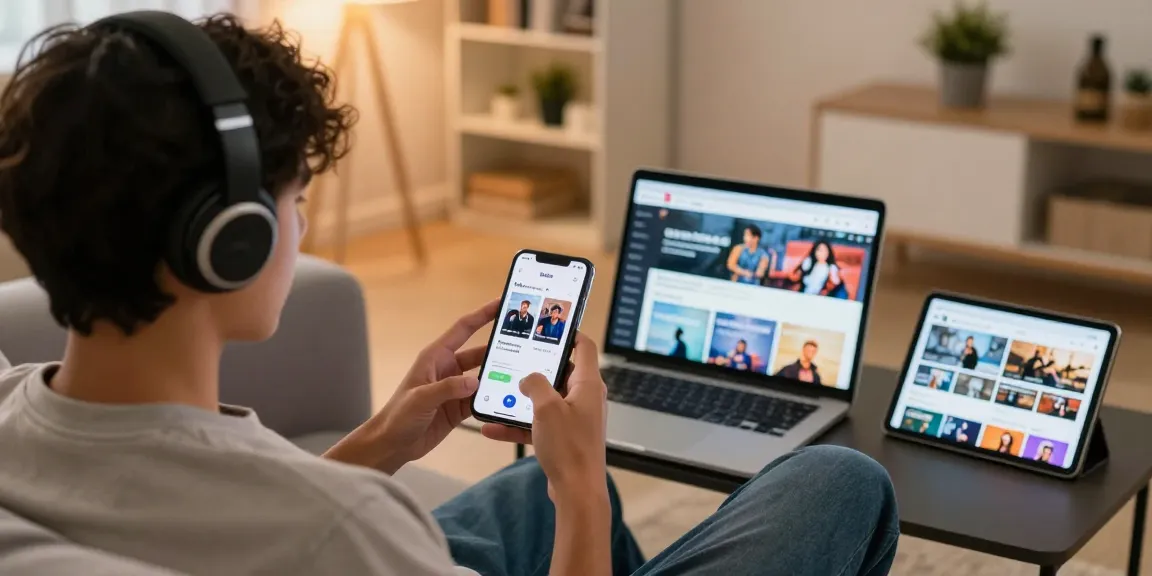 Downloading videos using the Vidmate APK in a cozy modern living room.