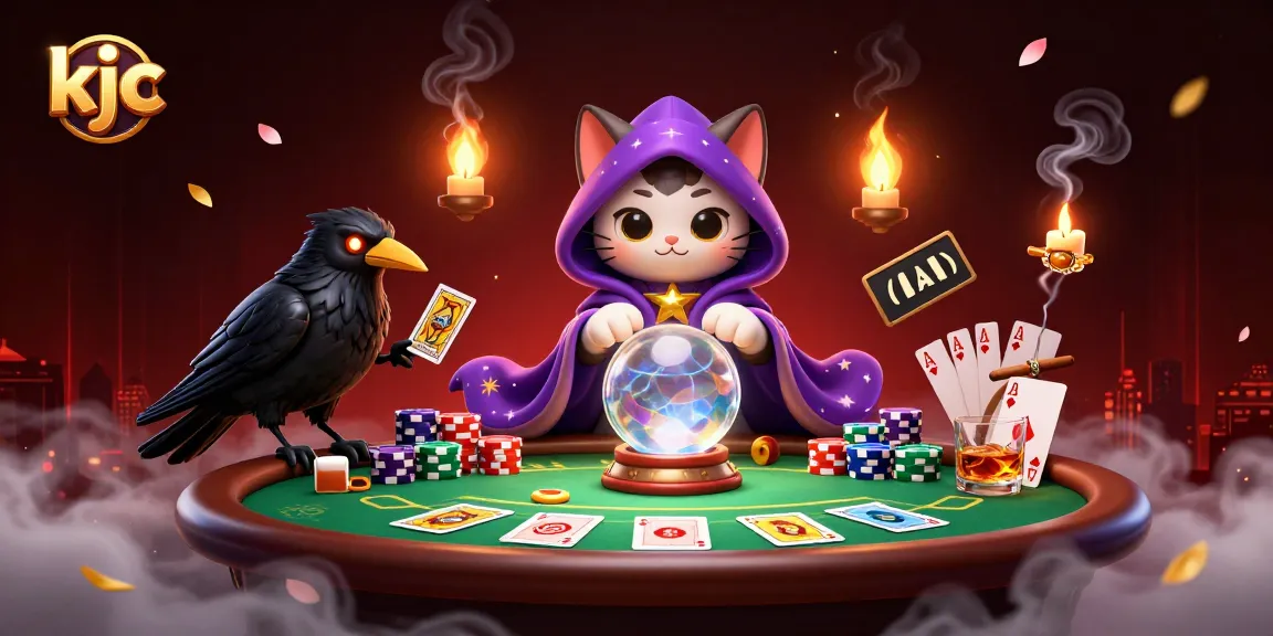 KJC players enjoying poker with a mystical cat fortune teller, tarot raven, and candle flames in a lively casino scene.