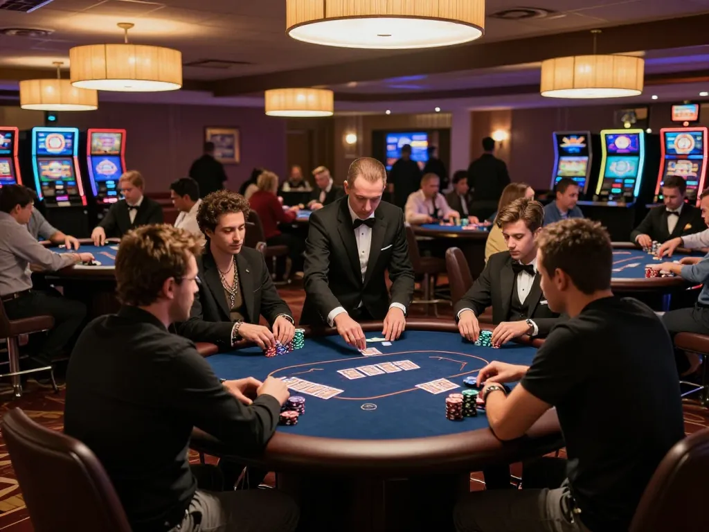 Nohu26 players engaging in a strategic poker game at an upscale casino table with professional dealers commanding the action.