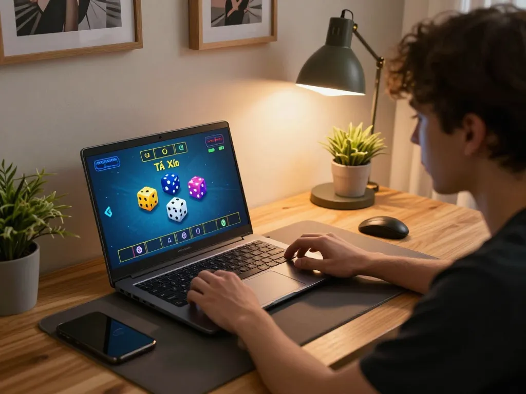 Tài Xỉu gameplay in a comfortable online setting featuring warm lighting and personal decor.