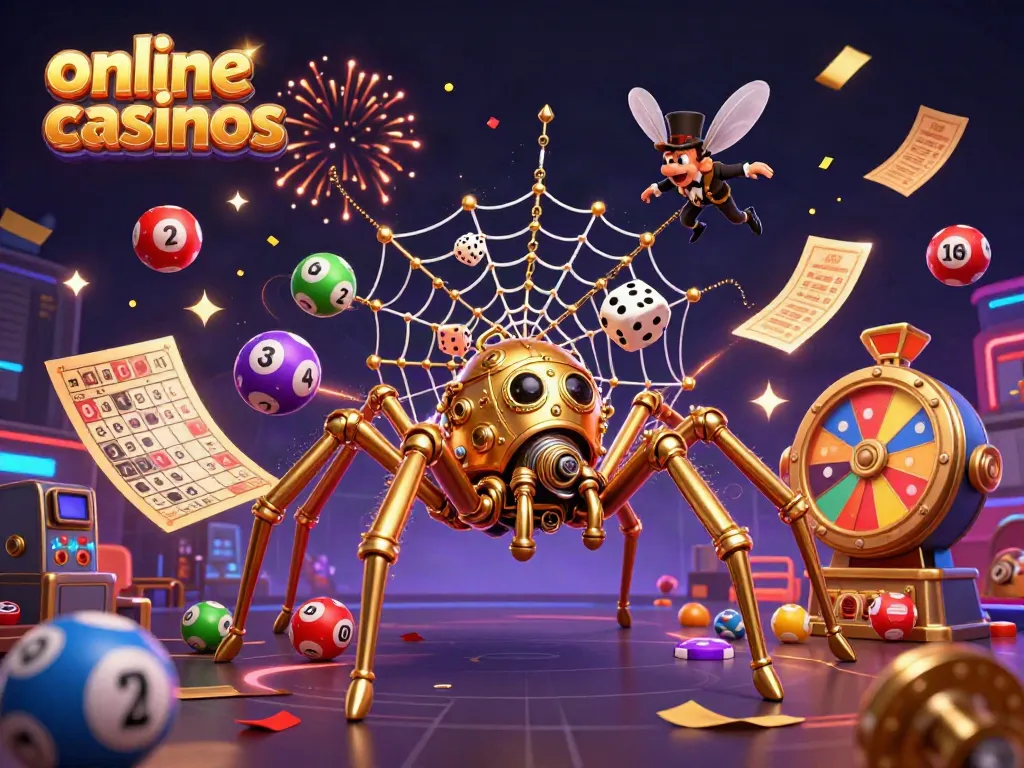 Engaging scene showcasing online casinos with a steampunk spider and colorful gambling elements.
