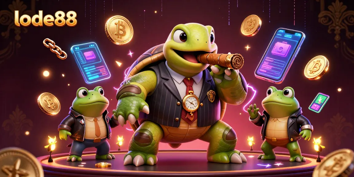 Lode88 showcases a vibrant casino scene with a mobster turtle and bullfrog enforcers amidst neon crypto elements.