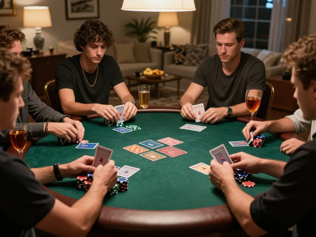 Friends enjoy a lively poker game at home, highlighting strategic gameplay and the excitement of 789win.