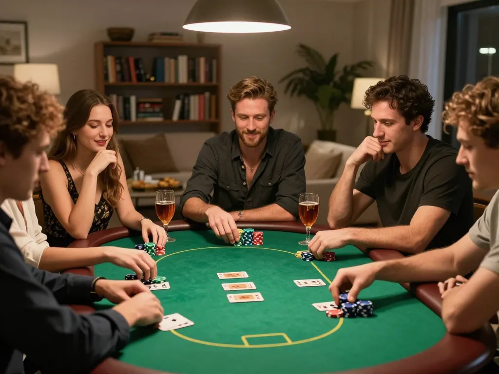 A lively poker night setting showcasing friends playing Texas Hold'em with O8, vibrant chips, and inviting atmosphere.