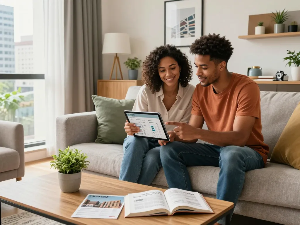 Vibrant living space where a couple explores Five88 housing options, showcasing urban affordable living.
