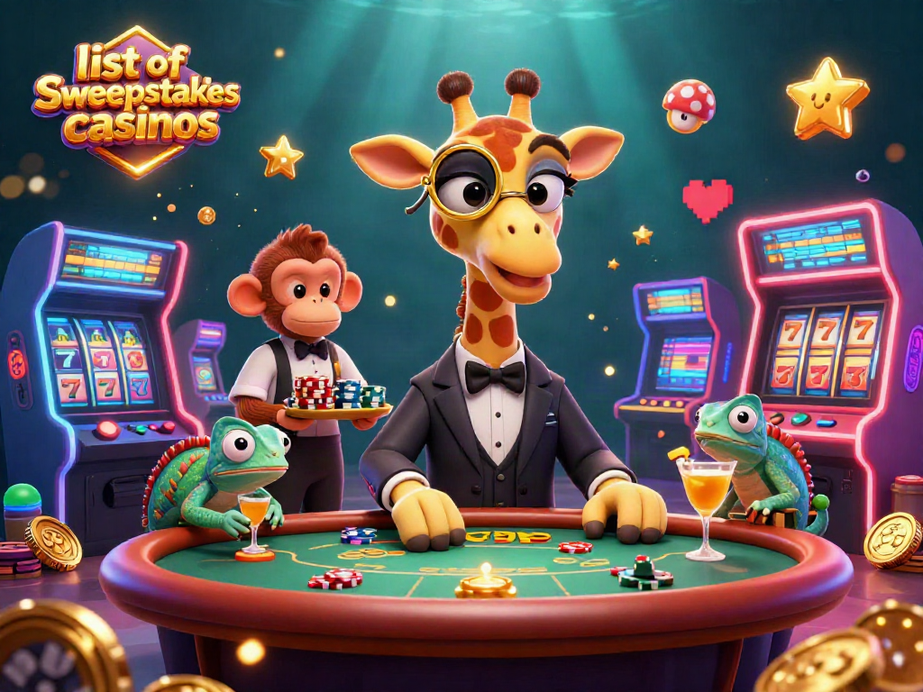 Engaging scene showcasing high-roller giraffe at a poker table in a list of sweepstakes casinos setting.