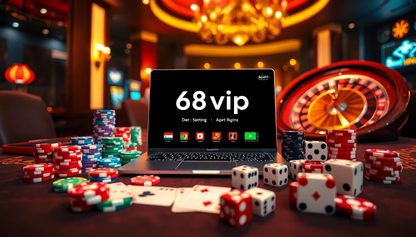 Experience the excitement of gambling on https://68vip.uk/ with vibrant chips and a roulette wheel in a luxurious casino.