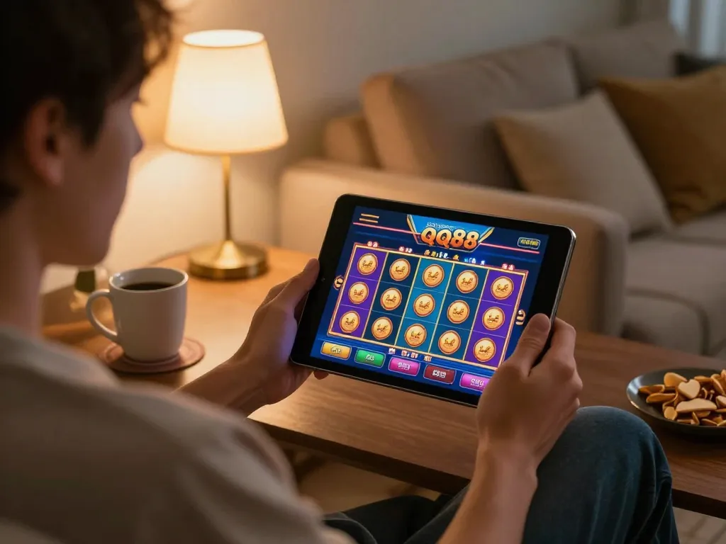 Player enjoying qq88 casino slots on a tablet at home, emphasizing relaxed gaming atmosphere.