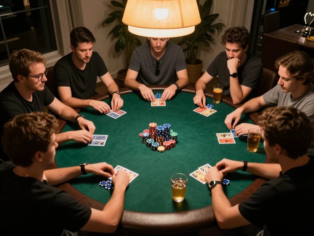 f168 players strategizing at home poker night with chips and cards on the table
