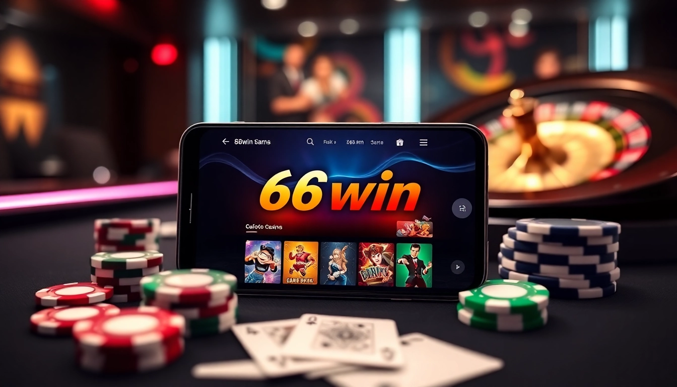 The 68win app showcases a vibrant casino interface on a smartphone surrounded by gambling props.