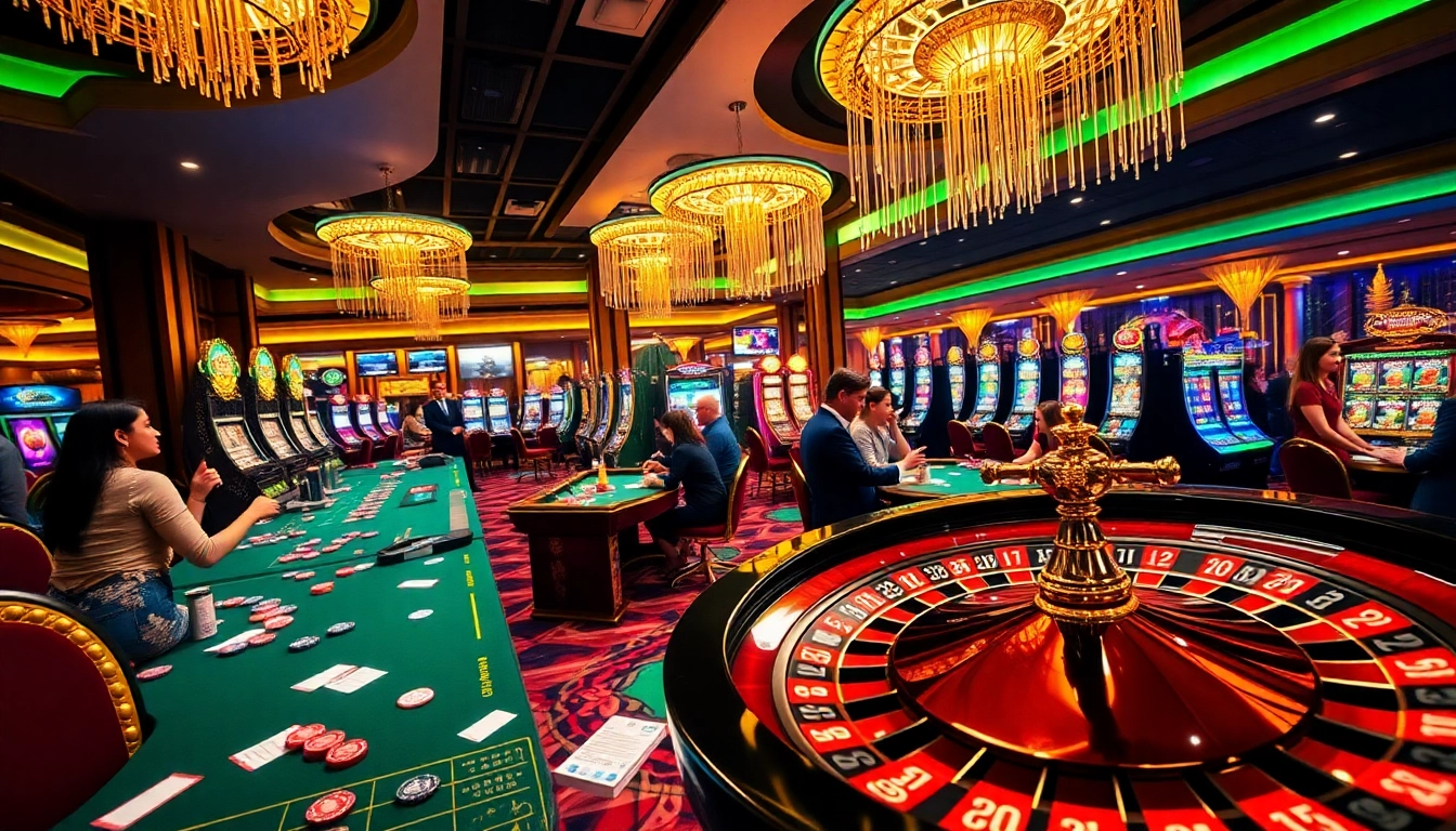 Experience thrilling games at 32win's luxurious casino with vibrant poker tables and roulette wheels.