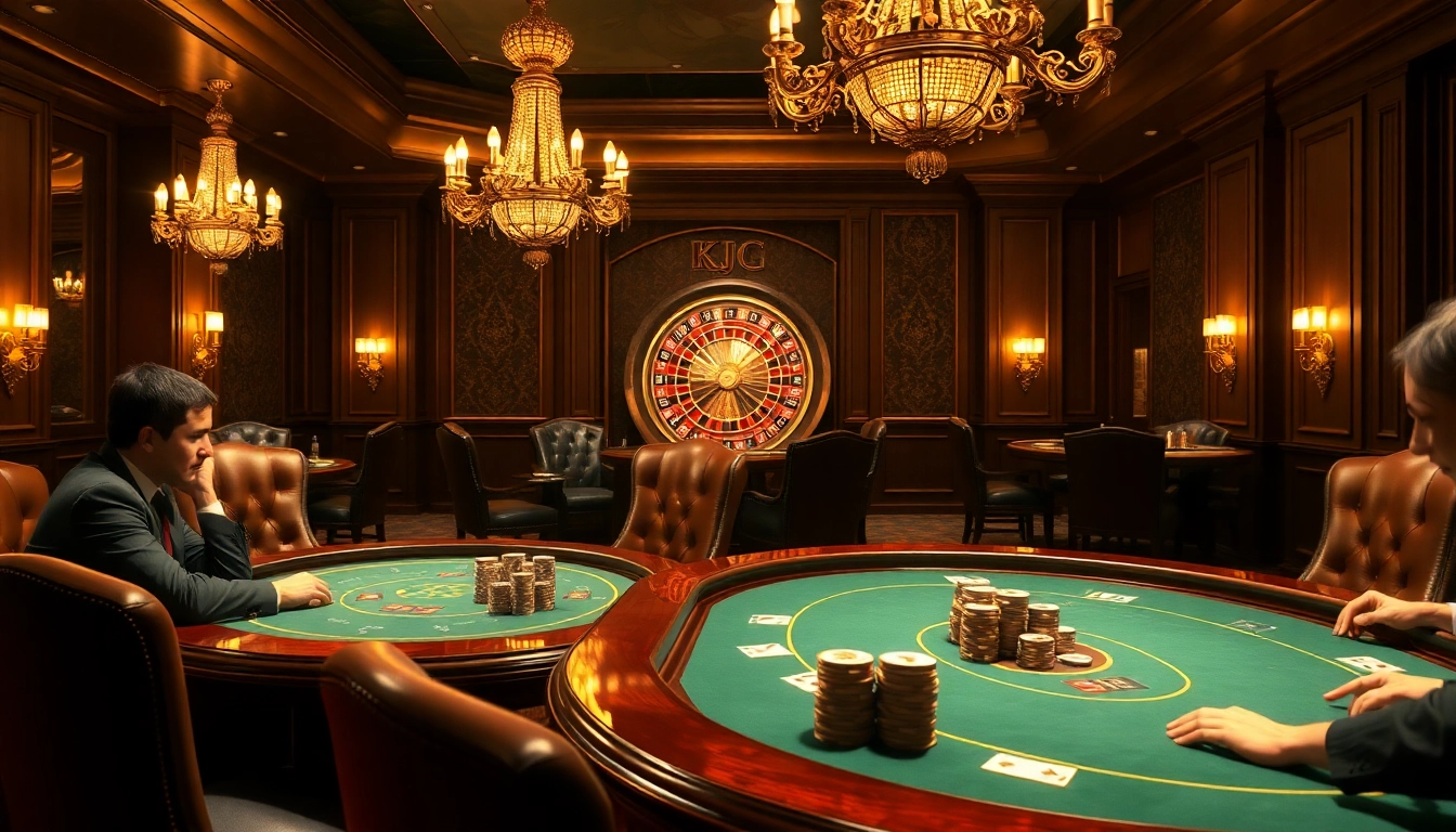 KJC players strategizing intensively in a luxurious poker room, highlighting a high-stakes gambling atmosphere.