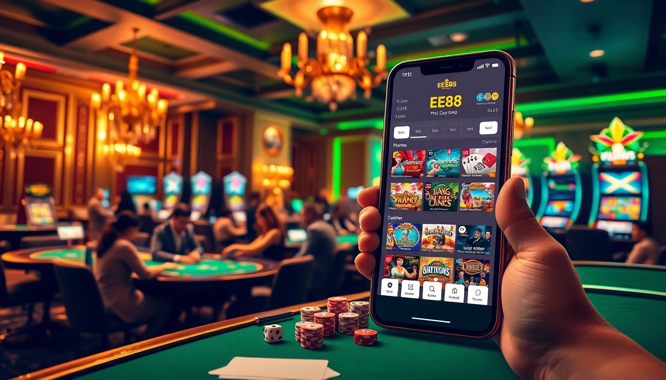 Engaging players using the EE88 app in a lively casino atmosphere with vibrant tables and slot machines.