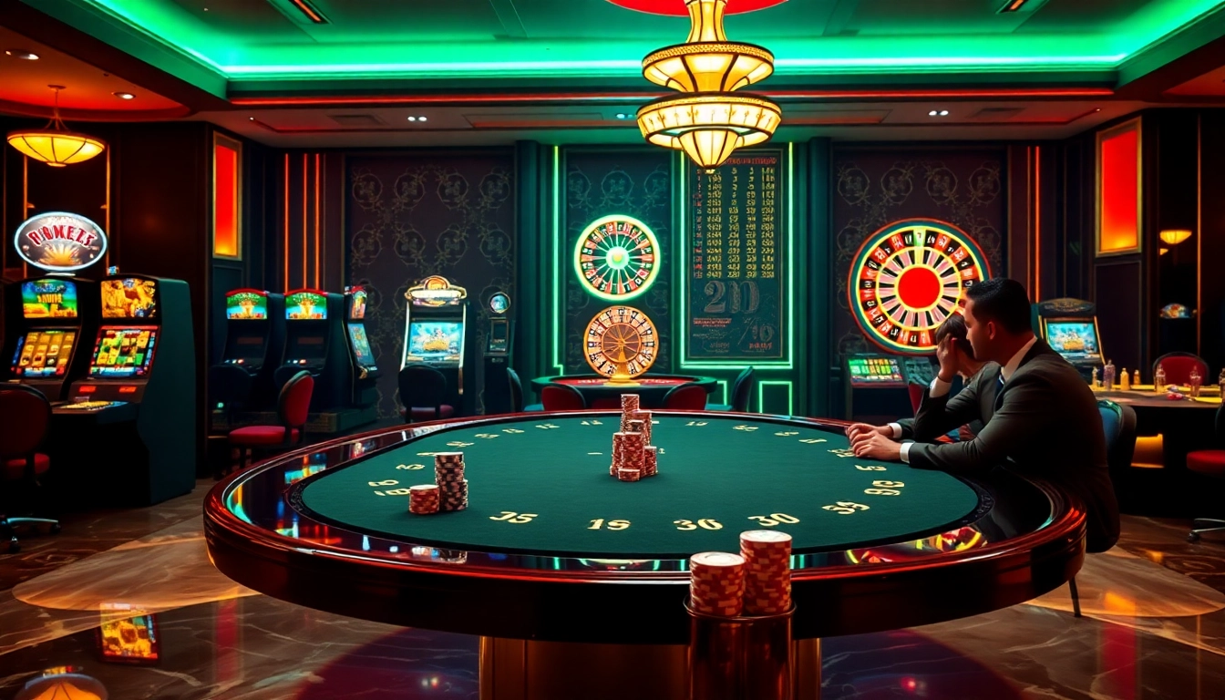 Engaging atmosphere at Nhà cái 32win with poker action at a luxurious casino table.