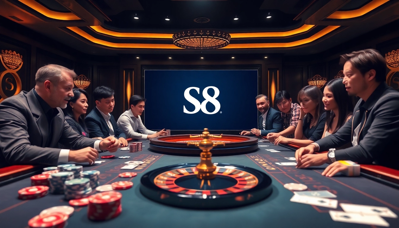 S8 casino scene with poker chips and roulette wheel, enhancing online gambling excitement.