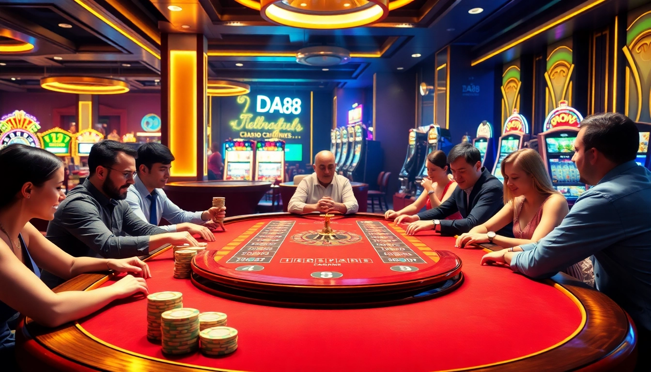 Players enjoying thrilling card games at DA88 casino, showcasing excitement and luxury.