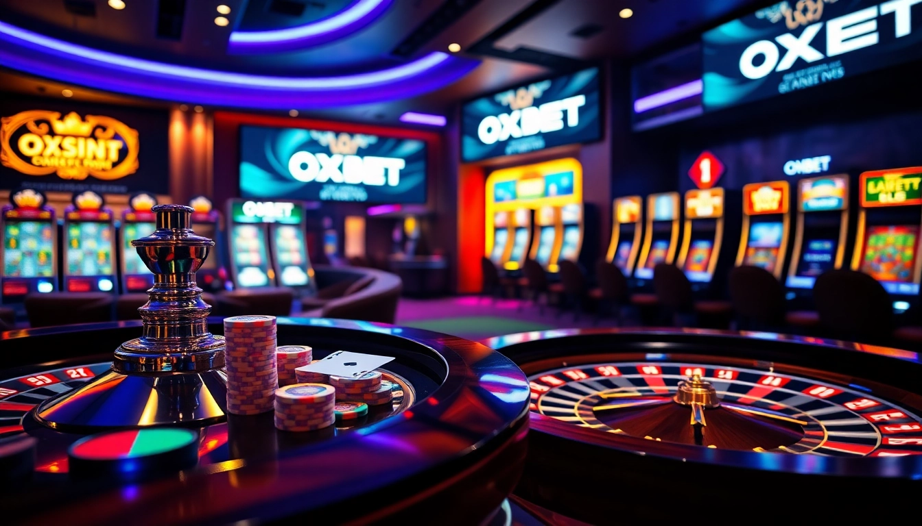 Players enjoying a thrilling game at OXBET online casino with vibrant roulette and poker elements.