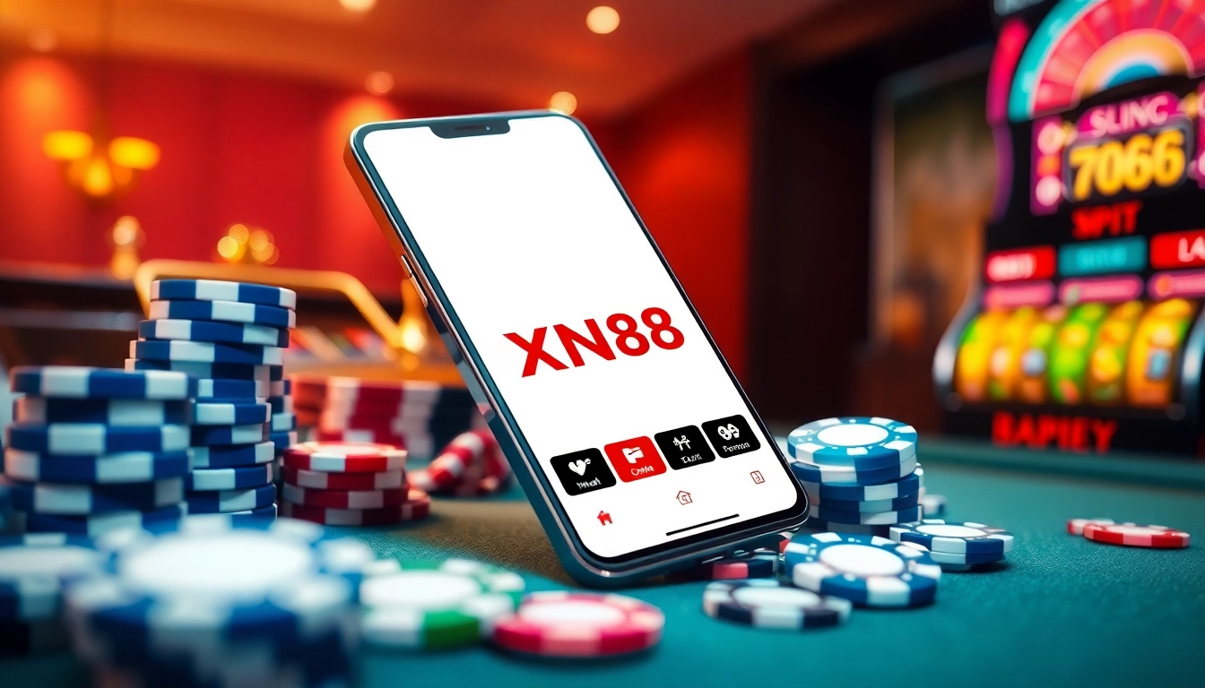 Experience the thrill of the xn88 app on a luxury smartphone amidst vibrant casino elements.