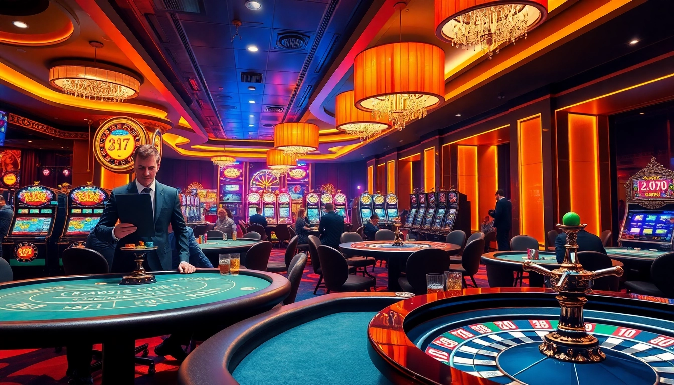 Experience the thrill of gambling at https://hb88hz.club/ with a luxurious casino scene featuring vibrant slot machines and poker tables.
