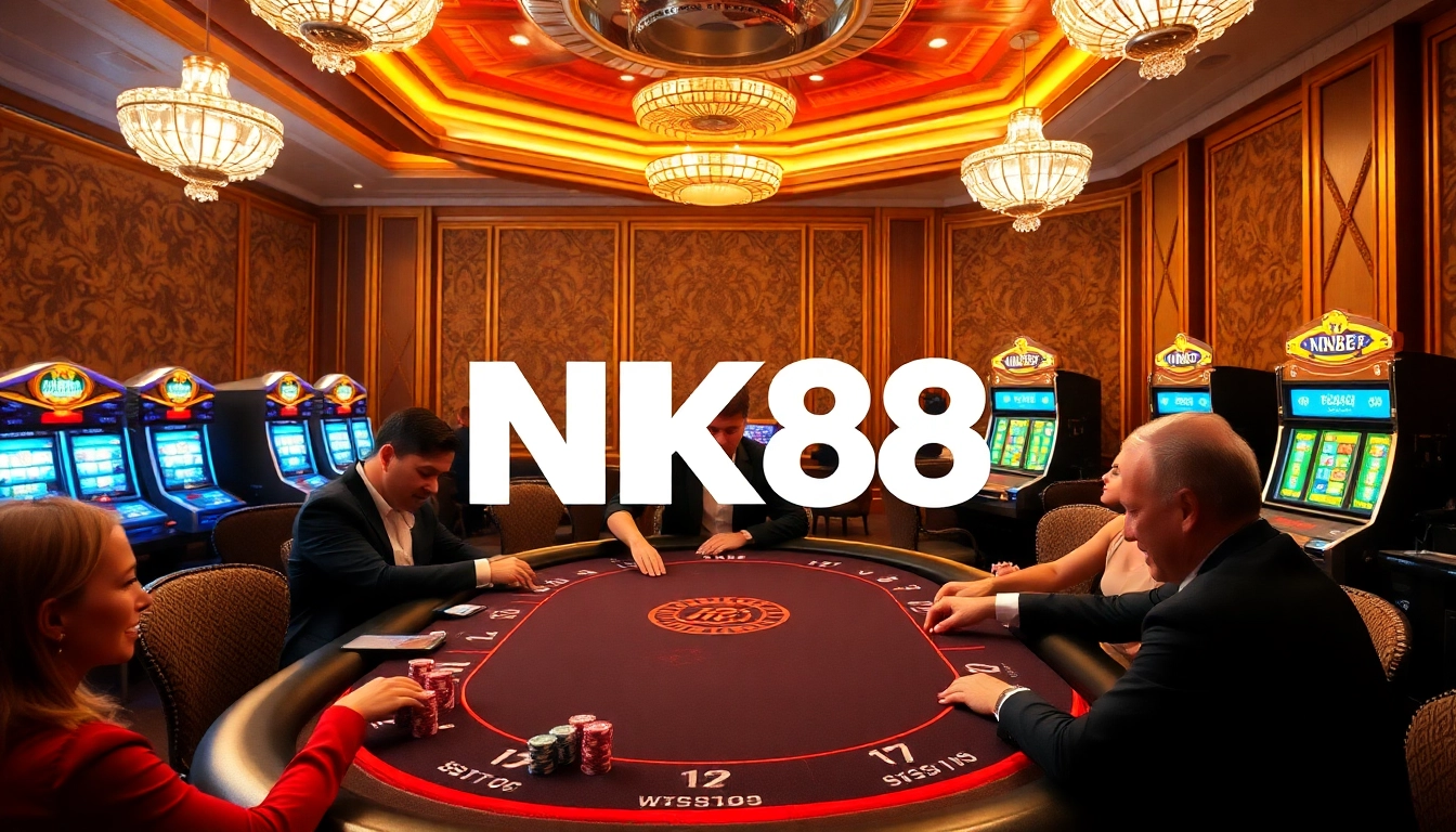 Experience the excitement of NK88 with vibrant casino tables, poker chips, and winning moments.