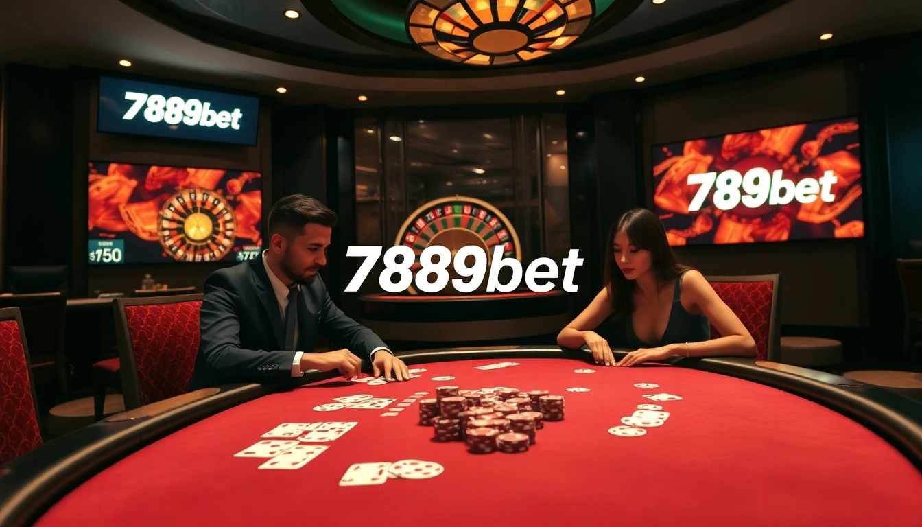 A thrilling poker game at 789bet online casino with chips and cards in a luxurious setting.