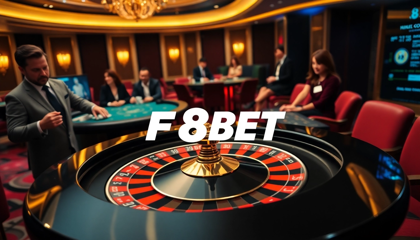 Experience the excitement of F8BET at a luxurious casino table with poker chips and betting.