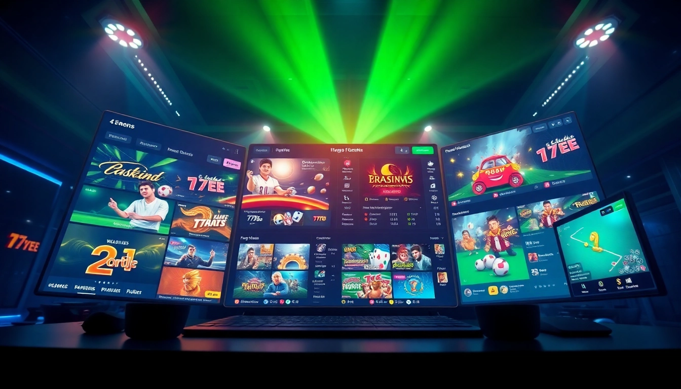 77EE online betting platform interface showcasing diverse games and a vibrant atmosphere.
