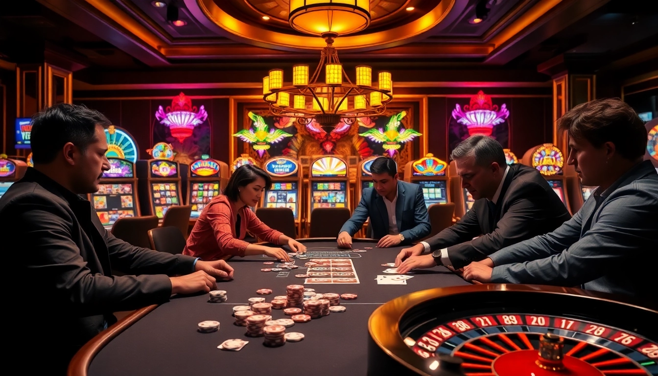 Engaged players strategizing at a poker table while exploring luckywin com's exciting gambling offerings.