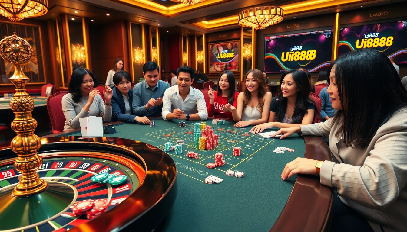 Excited gamblers enjoying a game at UU88 casino, with vibrant chips and a roulette wheel.