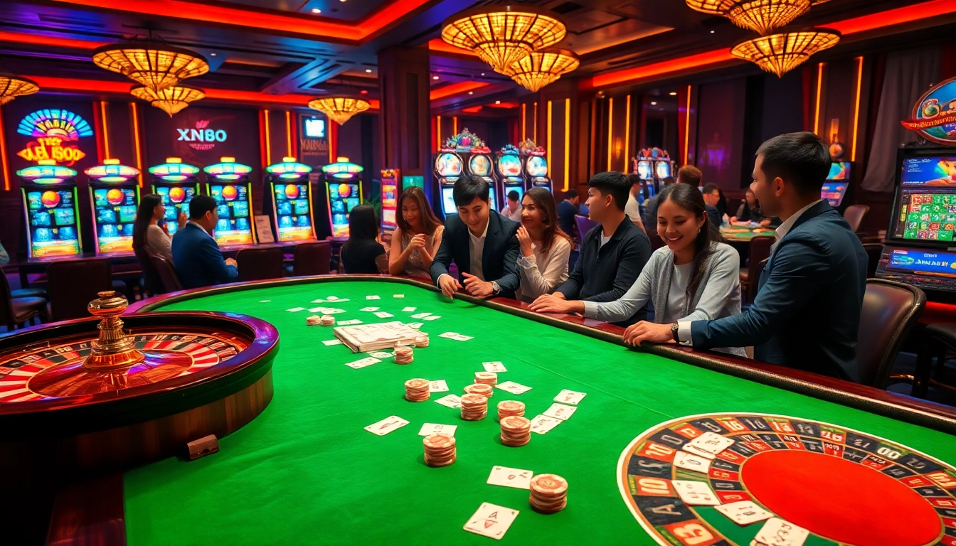 Experience the thrill of the xn88 app with vibrant poker games and slot machines lighting up the casino ambiance.