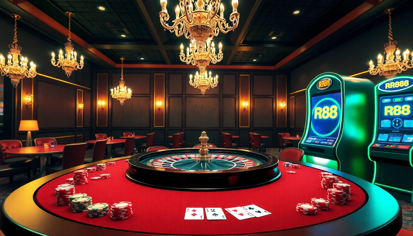Join the excitement at RR88 with a glamorous casino scene featuring roulette and slot machines.