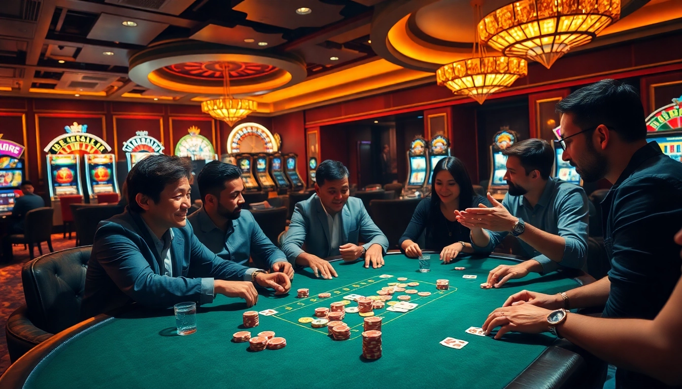 Experience excitement at the FUN79 poker table with vibrant chips and players in action.
