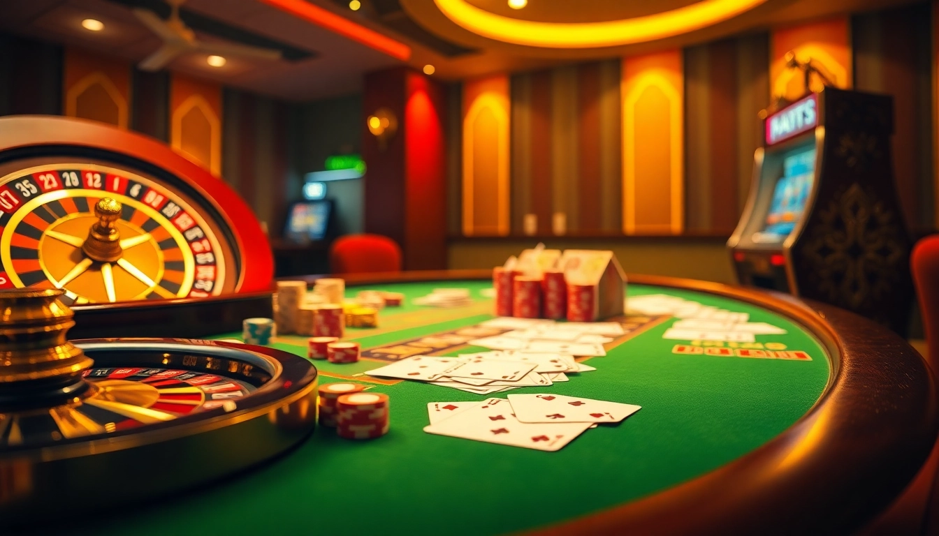Experience thrilling online gambling at https://fabet.blog/, showcasing a vibrant casino atmosphere filled with poker chips and a roulette wheel.