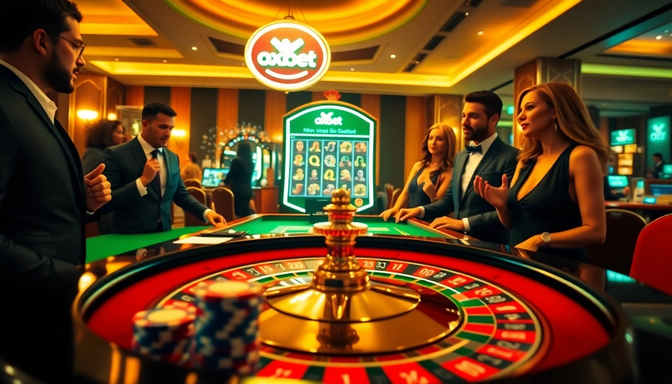 An exciting online gambling scene at https://oxbet.br.com/ featuring a roulette table, casino chips, and players in anticipation.
