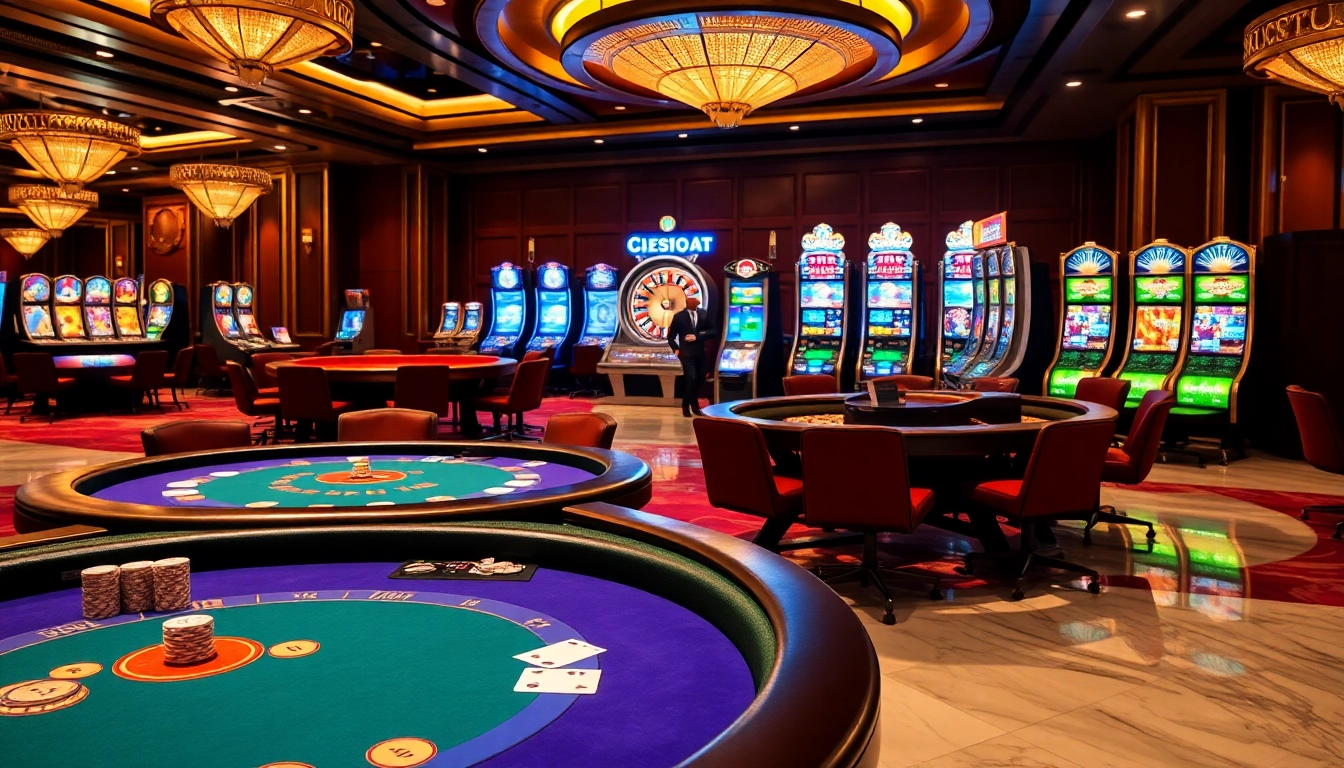 Engaging scene of a vibrant casino floor featuring tables from https://febet4.art/ filled with enthusiastic gamblers enjoying high-stakes gameplay.