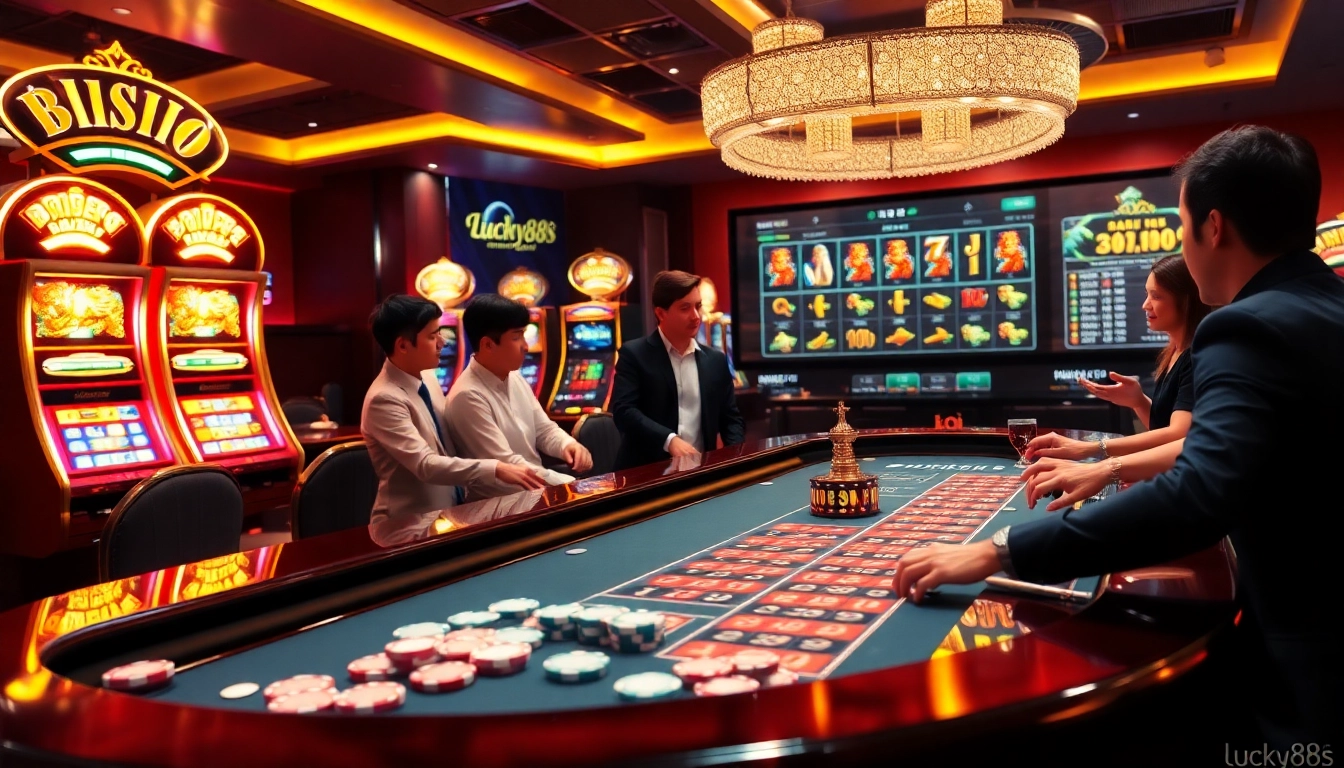 Experience thrilling gameplay at https://lucky88s.in.net/, with players enjoying casino excitement at a vibrant roulette table.