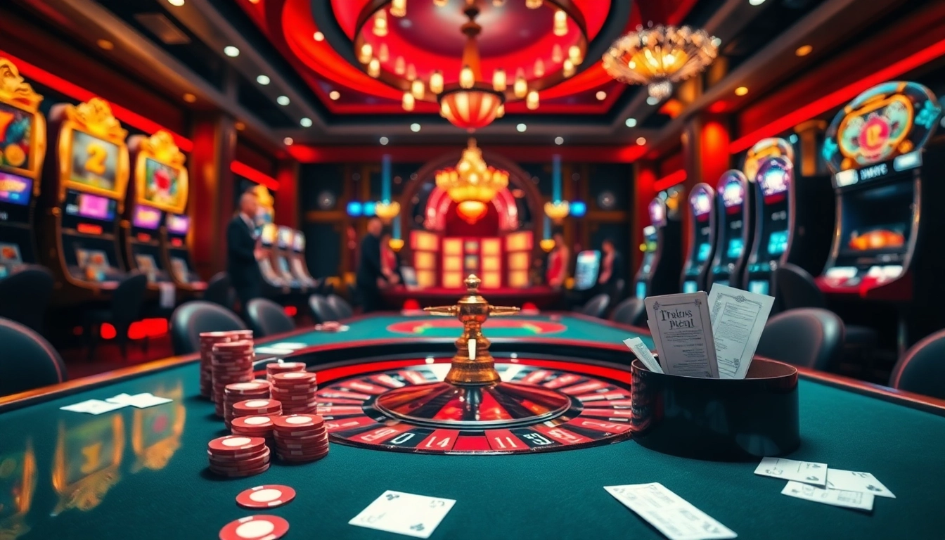 Experience the thrill of gambling action at TR88.com with a luxurious casino scene showcasing roulette and poker.